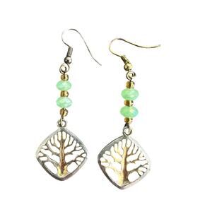 Gold and pale green handmade beaded tree of life dangle drop earrings